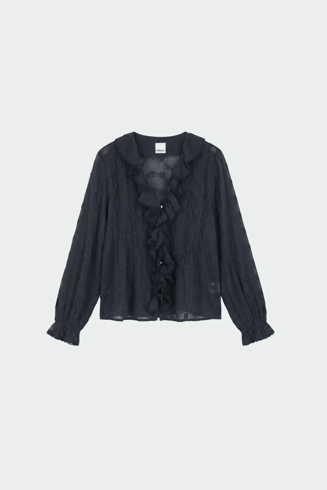 Indi&Cold Embroidered Romantic Ruffle Shirt viskoosist pikkade varrukatega satsidega särk tumesinine - Wavau
